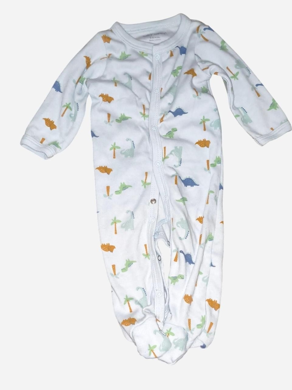 Baby One-Piece Footed Sleeper in White with Dino Print